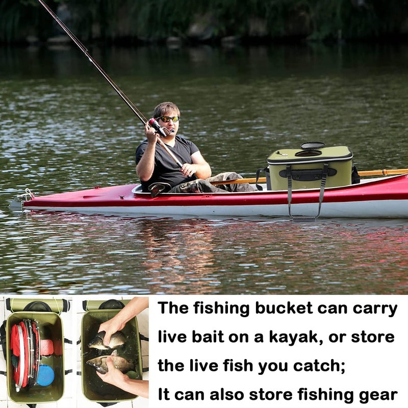Sunglow Fishing Bucket,Foldable Fish Bucket, Multi-Functional EVA Fishing Bag for Outdoor, Live Fish Lures Bucket and Fish Protection Bucket,10GAL/8GAL/6GAL/4.8GAL/3GAL Live Fish Container (6GAL/ArmyGreen) - Image 4